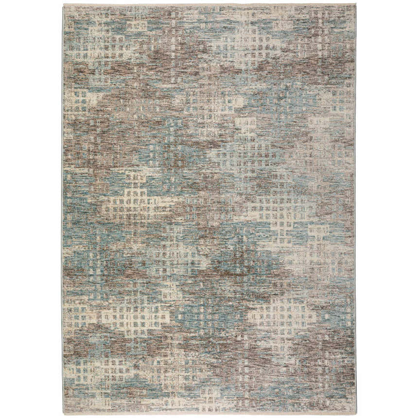 Close-up of the Dalyn Neola NA9 Denim Area Rug. Features chestnut, denim, ivory, and taupe hues in a geometric pattern.