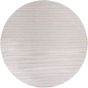 Close-up of the round Greg Pink Area Rug. Features a subtle striped pattern in cloud gray, lambswool, and nutmeg. Design-Round-7