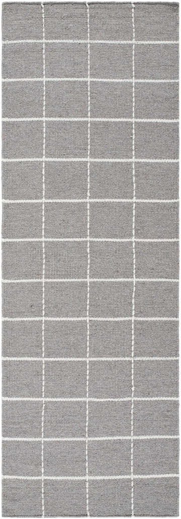 Close-up of the hand woven Nissa Gray Checkered Wool Rug. Features a light silver and sterling gray farmhouse design. Design-Runner-268