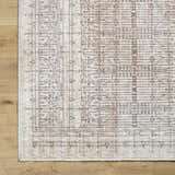 Close-up of the Usonia USO-2304 area rug. Machine woven polyester rug in dark red, gray, and white with a contemporary design. Corner