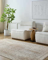 Living room scene with neutral chairs and the Neena Area Rug in dark red, gray, and white. Roomscene-Rectangle