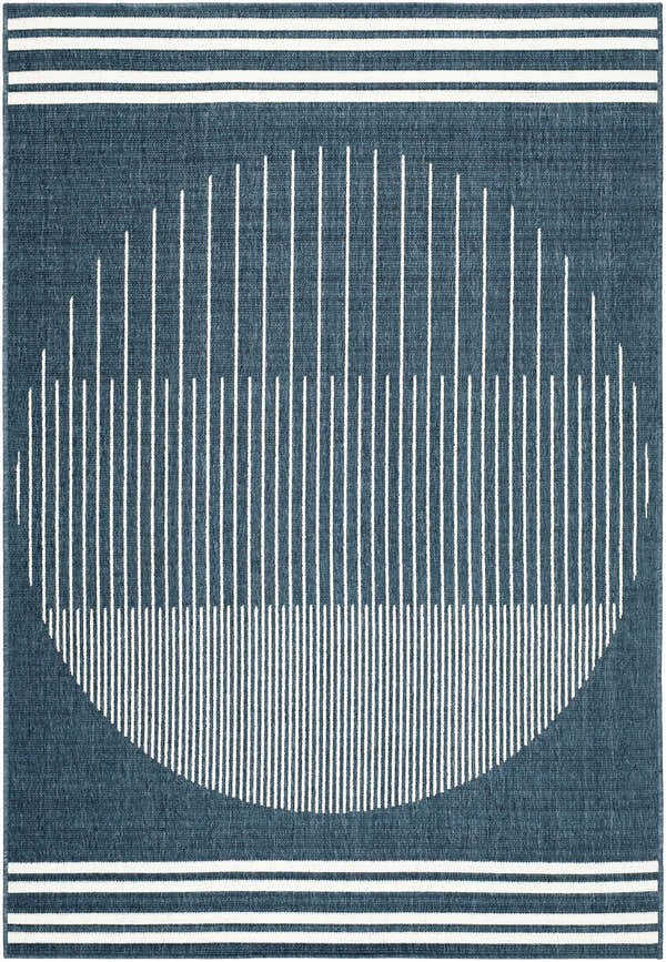 Close-up of the Nabil Area Rug, featuring a contemporary geometric design in light silver and marine blue. Design-Rectangle-5377