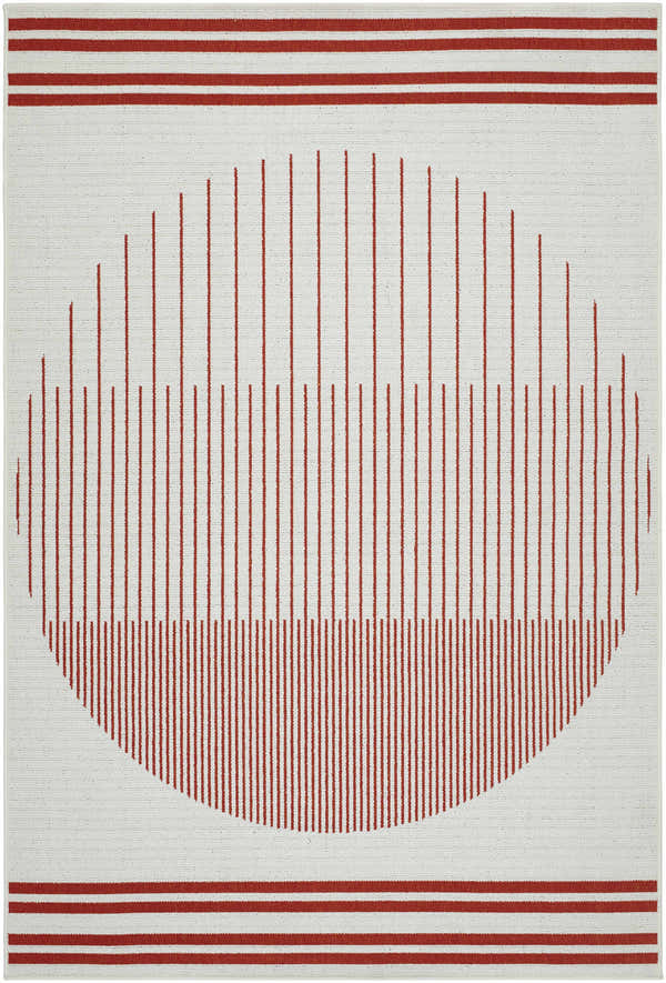 Close-up of Nabil Cream Area Rug featuring an orange striped and semi-circle design on a cream polypropylene base. Design-Rectangle-5377