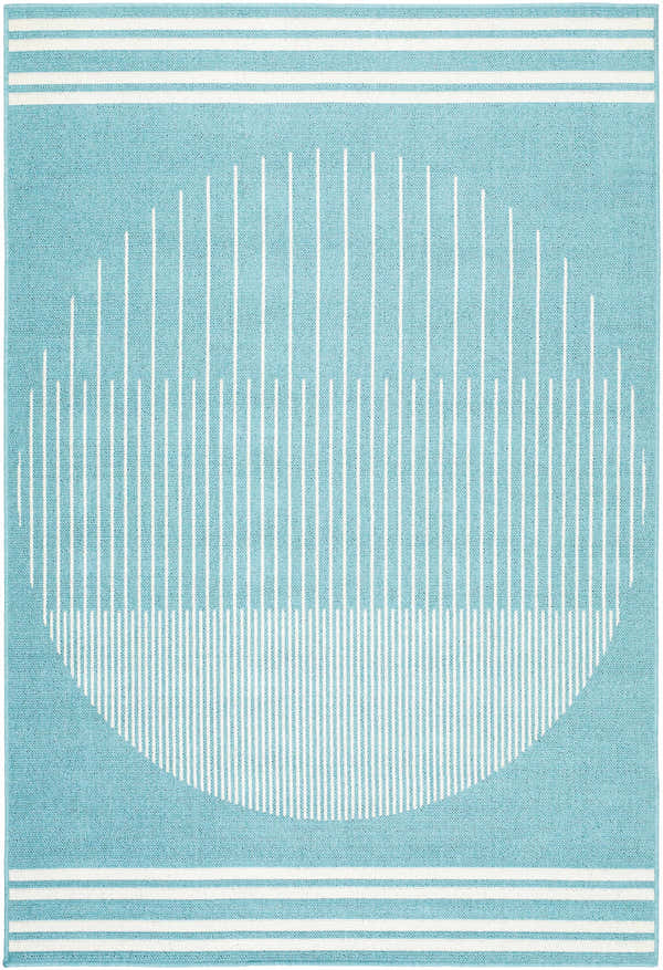 Close-up of Nabil Aqua Area Rug featuring a linear sunburst design in white against an aqua blue background. Design-Rectangle-5377