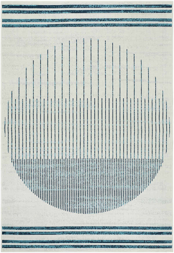 Close-up of Nabil Slate Blue Area Rug featuring a contemporary striped and linear oval design in beige and gray. Design-Rectangle-5377