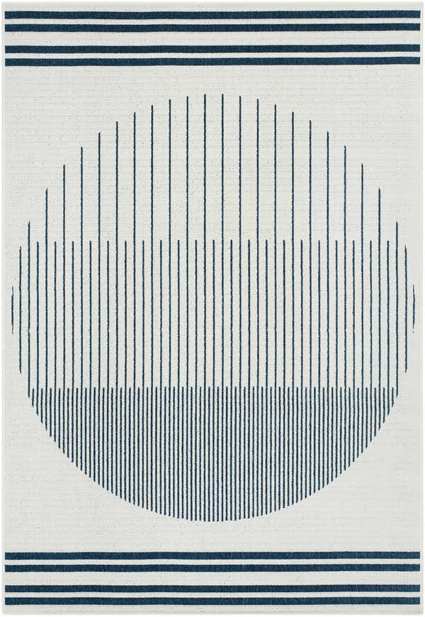 Close-up of the Nabil Midnight Blue Area Rug, featuring a linear oval design in navy on a textured beige background. Design-Rectangle-5377