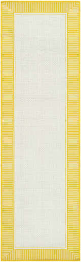 Close-up of the Nadir Area Rug. Cream rug with a bright yellow striped border. Machine woven olefin rug. Design-Runner