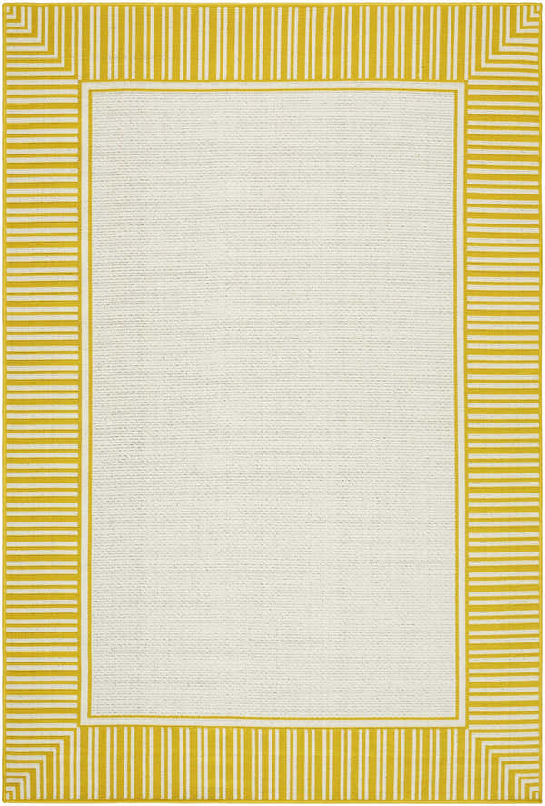 Close-up of Nadir Area Rug featuring a cream center and a yellow striped border in a farmhouse style. Design-Rectangle-5377