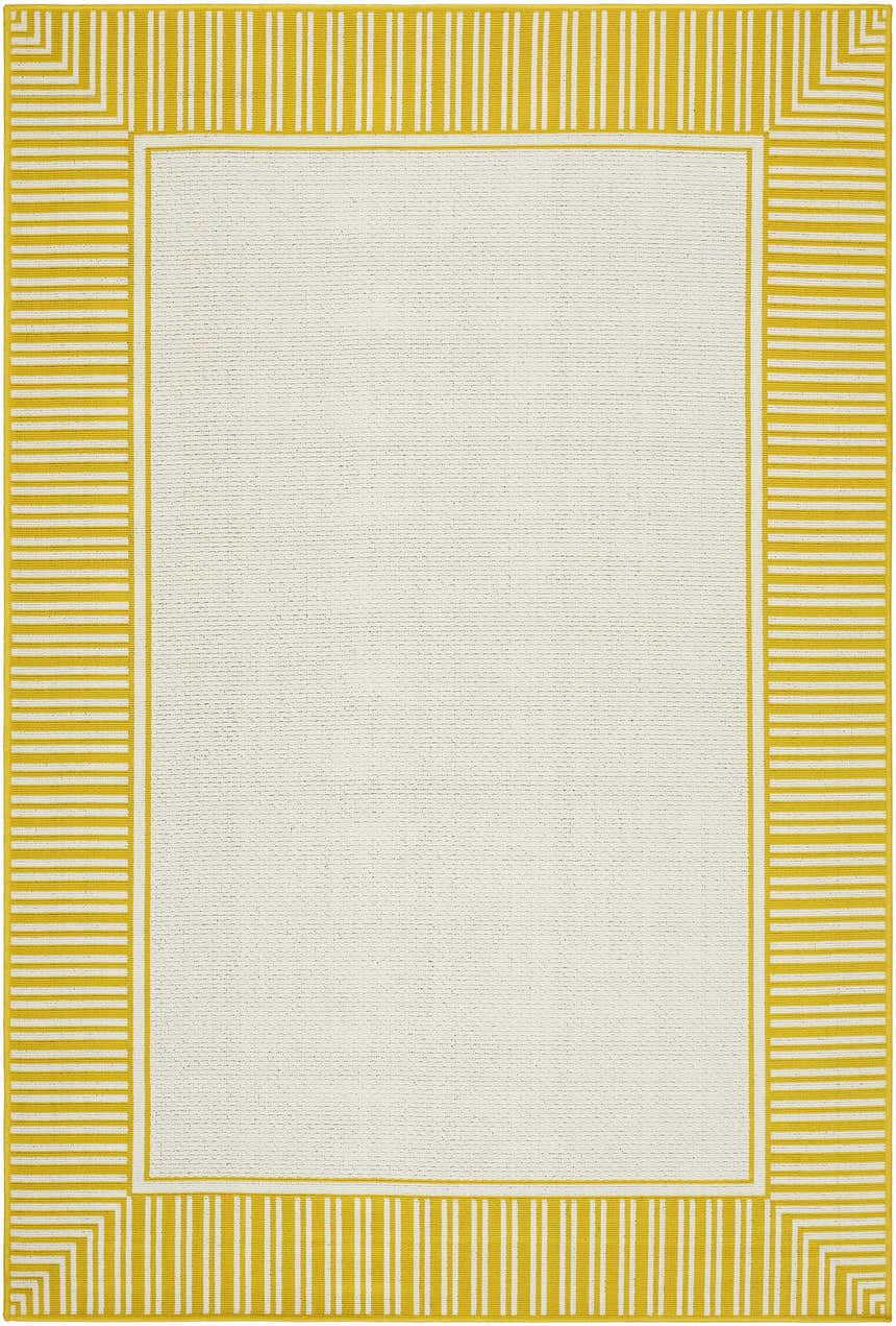 Close-up of Nadir Area Rug featuring a cream center and a yellow striped border in a farmhouse style. Design-Rectangle-5377