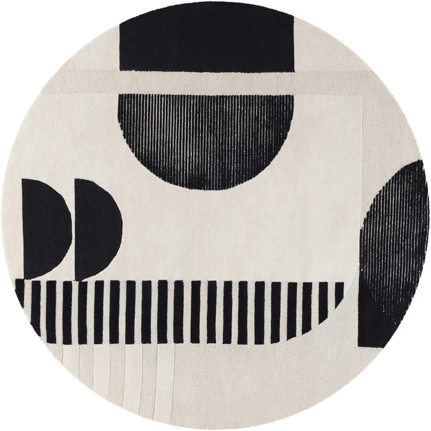 Round Brooklyn Modern rug close-up. Hand-tufted wool rug with black geometric shapes on a cream background. Contemporary style. Design-Round-8