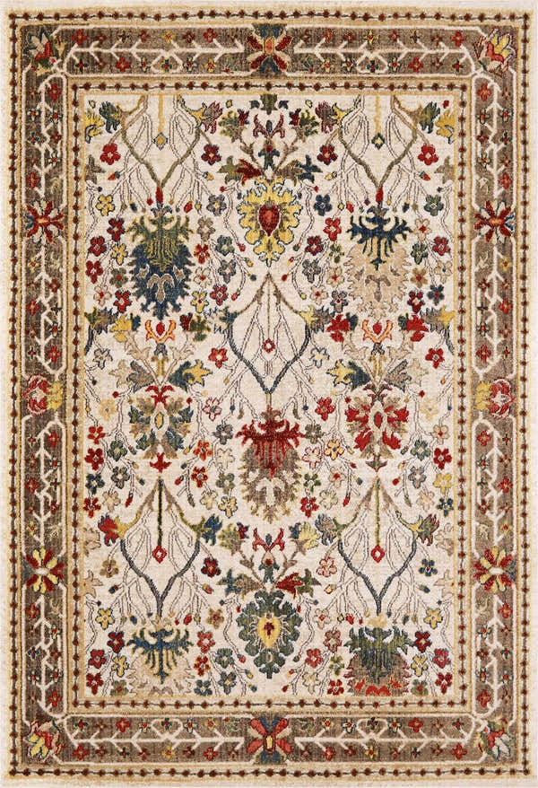 Close-up of Livabliss Crafty Surya CRT-2311 rug. Traditional floral pattern in burgundy, dark brown, red, tan, and white. Design-Rectangle