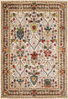 Detailed Neola White/Brown Oushak Rug. Features a traditional floral pattern with brick red, navy, and yellow accents. Design-Rectangle