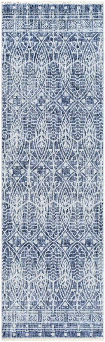 Detailed pattern of the Usonia Frank Lloyd Wright USO-2306 rug in ice blue, navy, and white. Design-Runner-2710