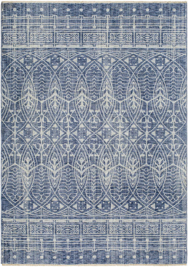 Close-up of a Netro Blue Area Rug. Contemporary style rug with ice blue and navy geometric patterns. Design-Rectangle-57