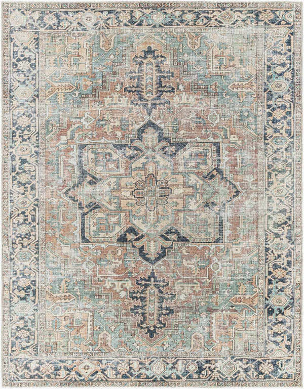 Close-up of the Green Nisa Tumble Dry Washable Rug. Features a traditional Persian design with brick red, navy, and seafoam colors. Design-Rectangle