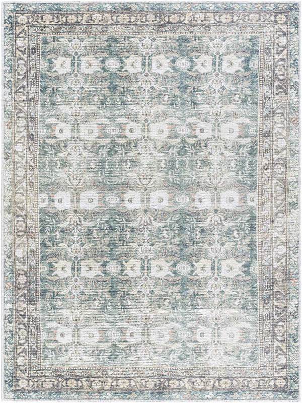 Close-up of the Walta Washable Area Rug, featuring a traditional, farmhouse design in beige, charcoal, cream, and sage. Design-Rectangle-537
