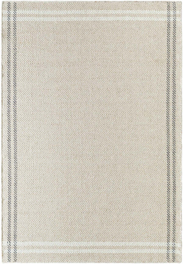 Close-up of the hand-woven Nimue Light Beige Area Rug. Features black and ivory stripes on a light beige wool texture. Design-Rectangle-576