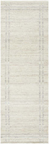 Close-up of the hand woven Nimue Tan Area Rug. Ivory and tan wool rug with subtle stripe border detail. Design-Runner-268