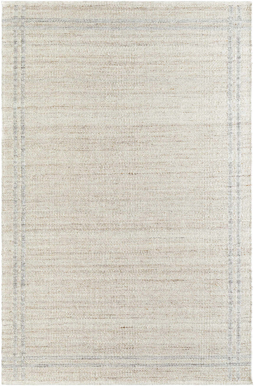 Close-up of the hand-woven Nimue Tan Area Rug, showcasing its wool texture and simple ivory and tan border design. Design-Rectangle-576
