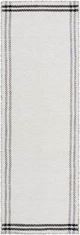Close-up of the hand woven Nimue Cream & Blue Bordered Area Rug. Features light silver wool and a farmhouse style border. Design-Runner-268