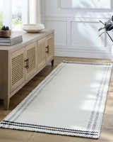 Farmhouse entryway with a light wood console and the Nimue Cream & Blue Bordered Area Rug runner on wood floors. Roomscene-Runner