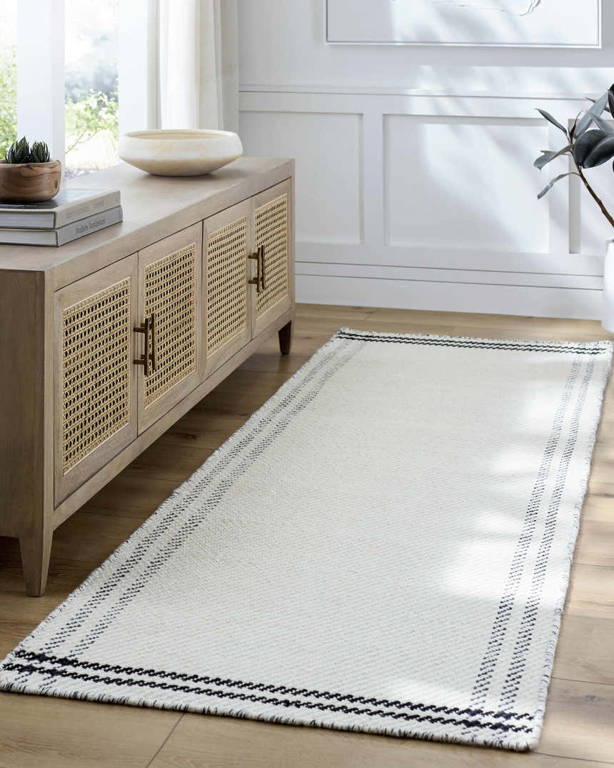 Farmhouse entryway with a light wood console and the Nimue Cream & Blue Bordered Area Rug runner on wood floors. Roomscene-Runner