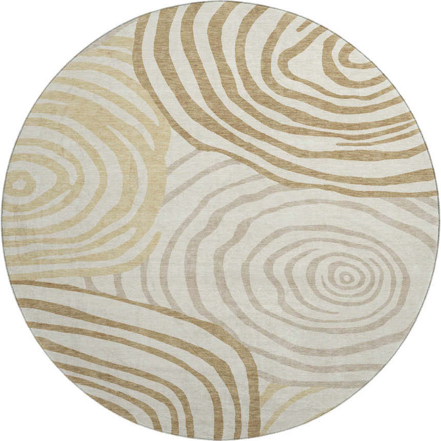 Dalyn Neo NO10 Gold round rug with abstract beige and gold concentric pattern, machine-made.