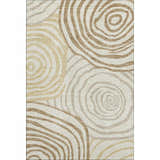 Close-up of Dalyn Neo NO10 Gold Washable Area Rug with beige, gold, and chestnut swirl pattern. Farmhouse style.