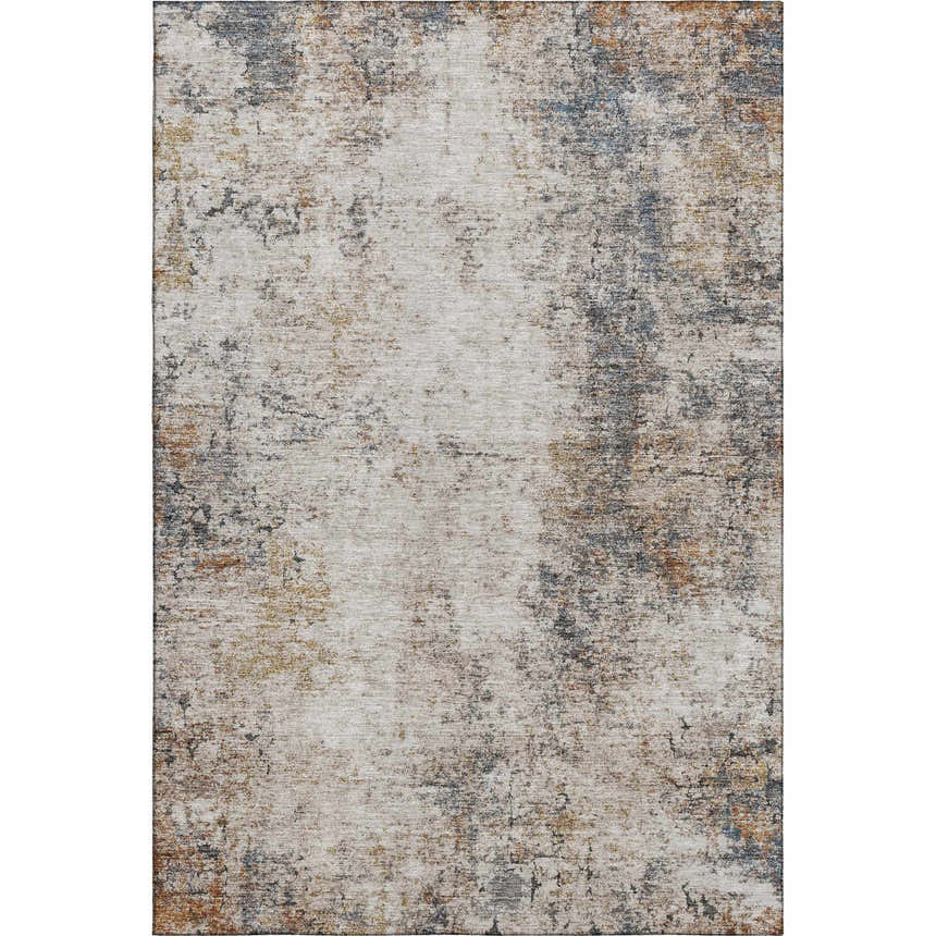 Dalyn Neo Putty Washable Area Rug with beige, caramel, chestnut, and light blue distressed pattern.