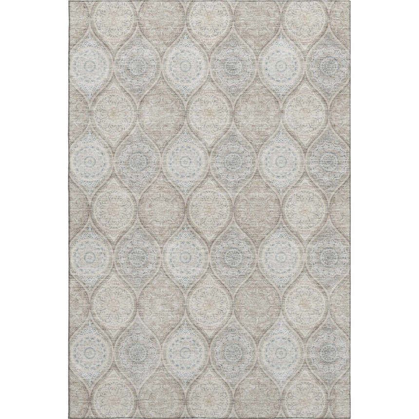 Dalyn Neo NO7 Linen Washable Area Rug with beige, blush pink, and light blue medallion pattern. Farmhouse style.