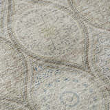 Close-up of Dalyn Neo NO7 Linen Washable Area Rug. Beige rug with blush, caramel, blue, and olive medallion pattern.