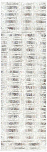 Close-up of the Nuhad Area Rug featuring a textured, geometric pattern in dark red, gray, navy, rust, and white. Design-Runner-3210