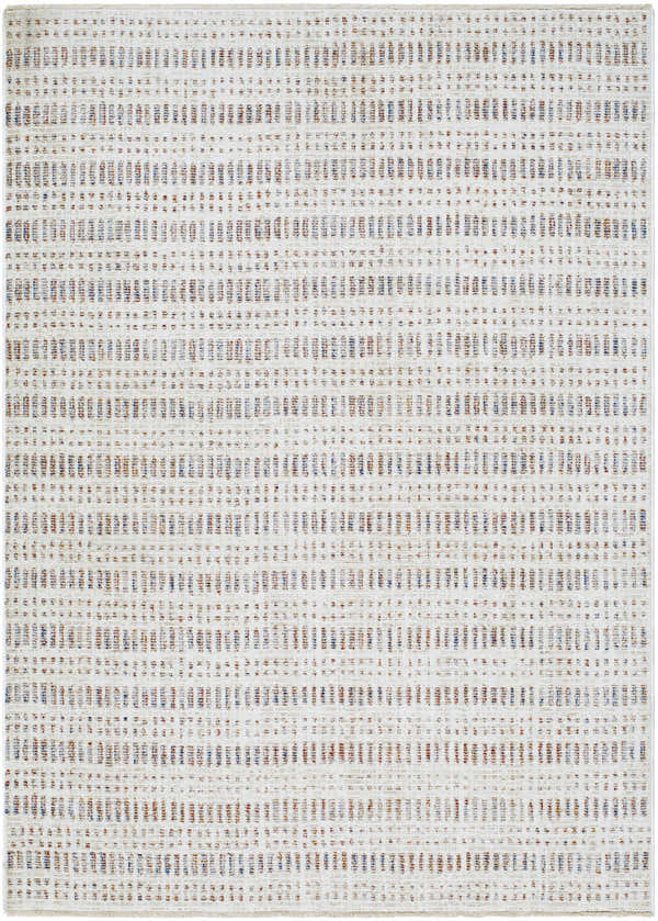 Close-up of the Nuhad Area Rug. Contemporary style with dark red, gray, navy, rust, and white colors. 100% Polyester. Design-Rectangle-57