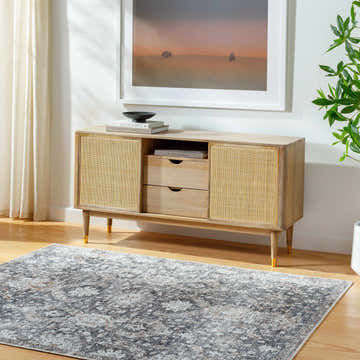Living room scene with a beige Lorelai washable area rug, wood floors, and a light wood console table. Roomscene-Rectangle