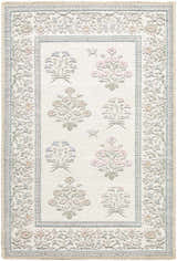 Close-up of the Aquene Ivory Washable Area Rug. Features a floral pattern in blush, blue, and sage with an ivory background. Design-Rectangle-23