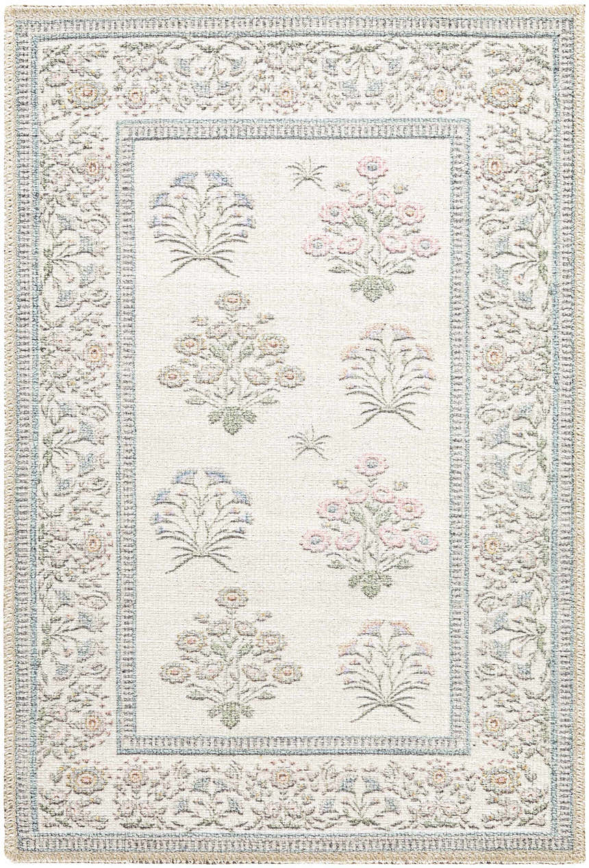 Close-up of the Aquene Ivory Washable Area Rug. Features a floral pattern in blush, blue, and sage with an ivory background. Design-Rectangle-23