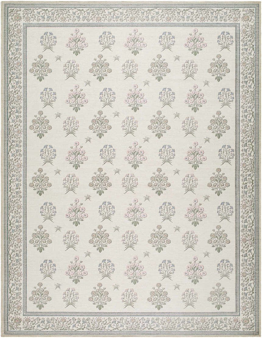 Close-up of the Aquene Ivory Washable Area Rug featuring a floral bouquet pattern and a decorative border. Design-Rectangle-710102