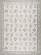 Close-up of Aquene Ivory Washable Area Rug with a floral pattern in blush, sage, sky blue, and taupe on an ivory background. Design-Rectangle-810