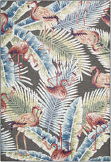 Close-up of Nayan Charcoal Area Rug. Coastal style with flamingo and palm leaf pattern in blue, cream, olive, and rust hues. Design-Rectangle-537