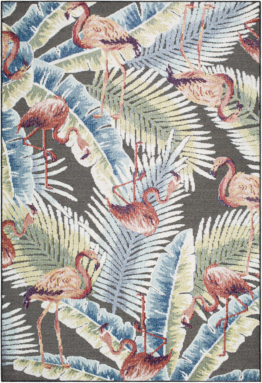 Close-up of Nayan Charcoal Area Rug. Coastal style with flamingo and palm leaf pattern in blue, cream, olive, and rust hues. Design-Rectangle-537