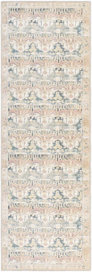 Close-up of Akello Washable Area Rug. Farmhouse style rug with camel, cream, rust, tan, and green traditional pattern. Design-Runner-27710
