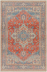 Hand-knotted Oracabessa Premium Area Rug in brick red, blue, and beige. Wool Persian rug with traditional oriental design. Design-Rectangle-69