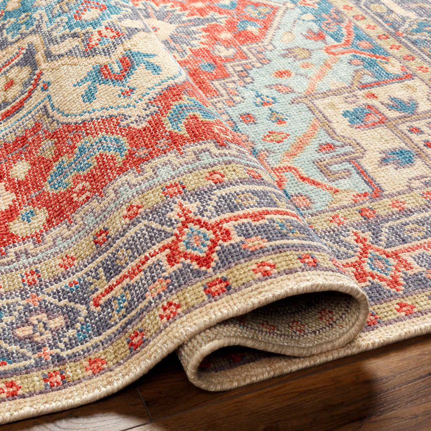 Close-up of the hand-knotted Oracabessa Premium Area Rug. Features a traditional Persian design in blue, red, and beige wool. Fold