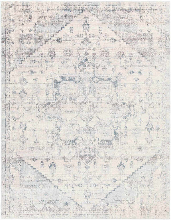 Close-up of the Orrick Area Rug, a machine-woven rug in cream, blue, and brown with a traditional, distressed oriental pattern. Design-Rectangle