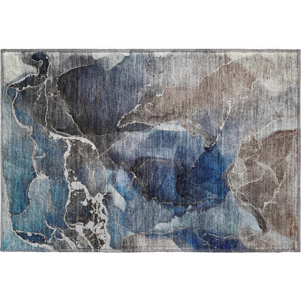 Abstract Dalyn Luxury Odyssey OY3 Blue Washable Area Rug with brown, ivory, and navy hues.