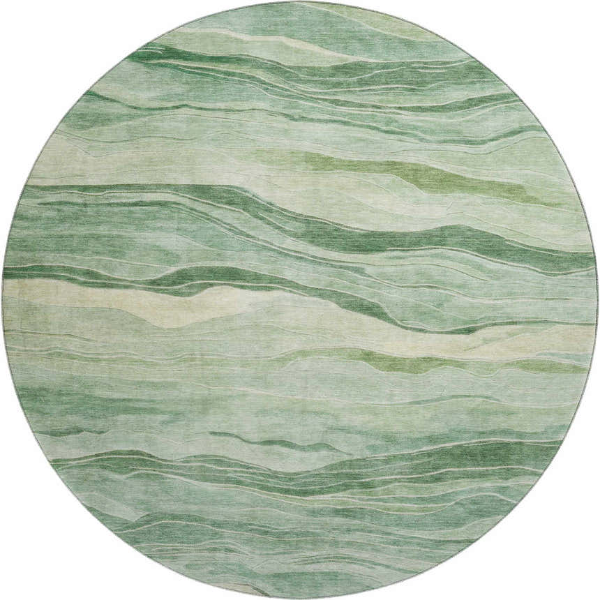 Round Dalyn Pacifica PA6 Green Washable Area Rug with aloe, gold, and olive wavy pattern.