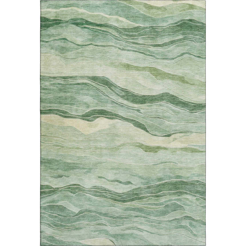 Dalyn Pacifica PA6 Green Washable Area Rug with a wavy, abstract pattern in aloe, gold, and olive hues.