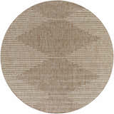 Close-up of a round Stephan Dark Beige Outdoor Rug with a woven texture and subtle horizontal stripe pattern. Design-Round-67
