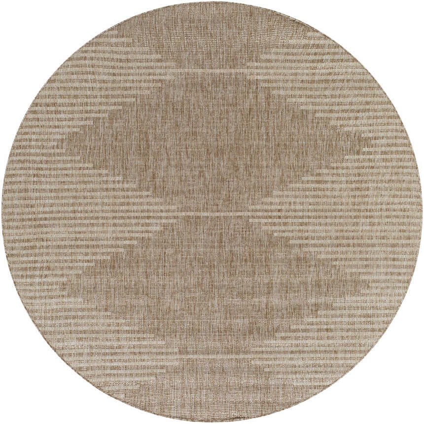 Close-up of a round Stephan Dark Beige Outdoor Rug with a woven texture and subtle horizontal stripe pattern. Design-Round-67