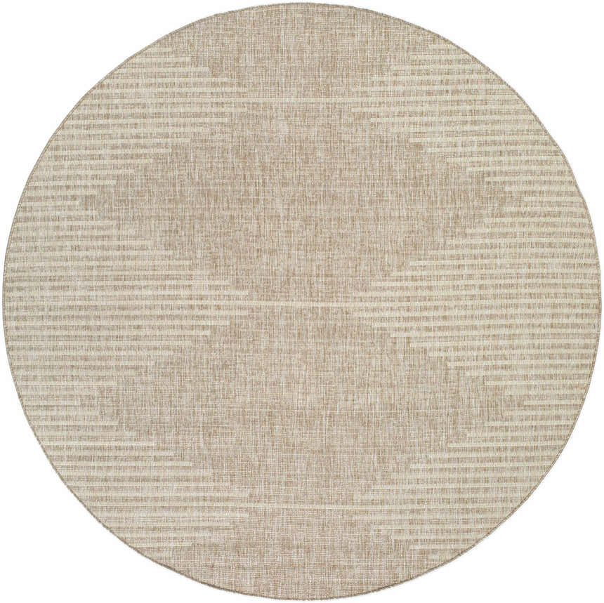 Close-up of a round Stephan Dark Beige Outdoor Rug showing its woven texture and subtle stripe pattern. Design-Round-710